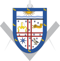 Emblem featuring the Bexhill coat of arms with a square and compass